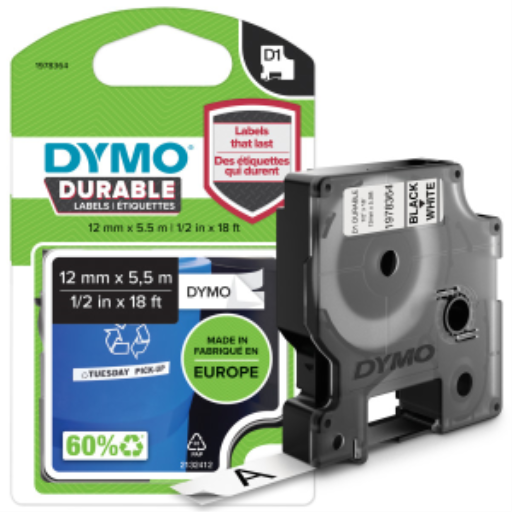 Ruban d'étiqueteuse durable DYMO D1 pour étiqueteuses LabelManager, impression noire sur ruban blanc, 12 mm L x 5,5 m, 1 cartouche