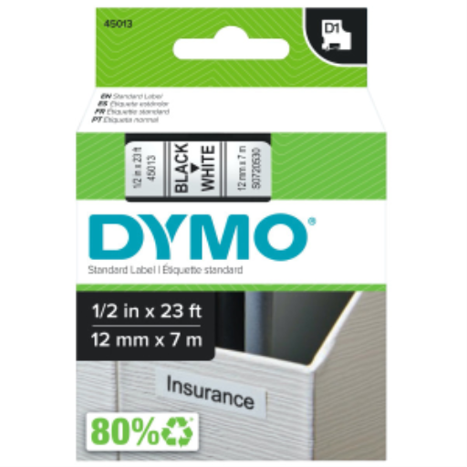 Étiquettes standard Dymo D1 pour étiqueteuses LabelManager, 12 mm x 7 m, impression noire sur ruban blanc, autocollantes, 1 cartouche