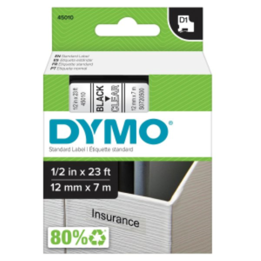 Étiquettes standard DYMO D1 pour étiqueteuses LabelManager, 12 mm x 7 m, impression noire sur ruban transparent, autocollantes, 1 cartouche