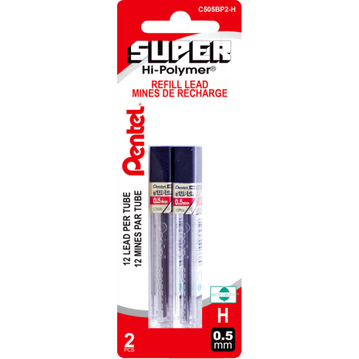 Hi-Polymer Super Lead Refill (0.5mm), H, 12 Leads per Tube, 2PC Pack