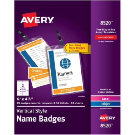 Avery Laser/Inkjet Vertical Style 6" x 4¼" Name Badge Kit (Inserts, Holders, Lanyard, x2 Tickets), 25/box