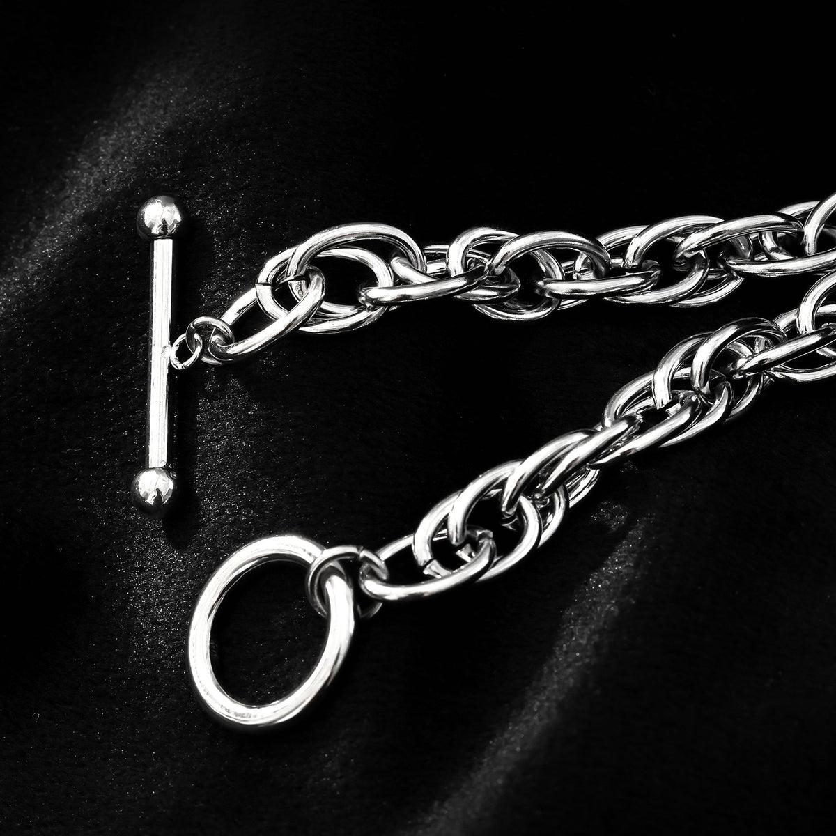 ARDA Silver (White Gold): Chunky Intricate Multi-Link Bracelet with Circle & T-Stopper