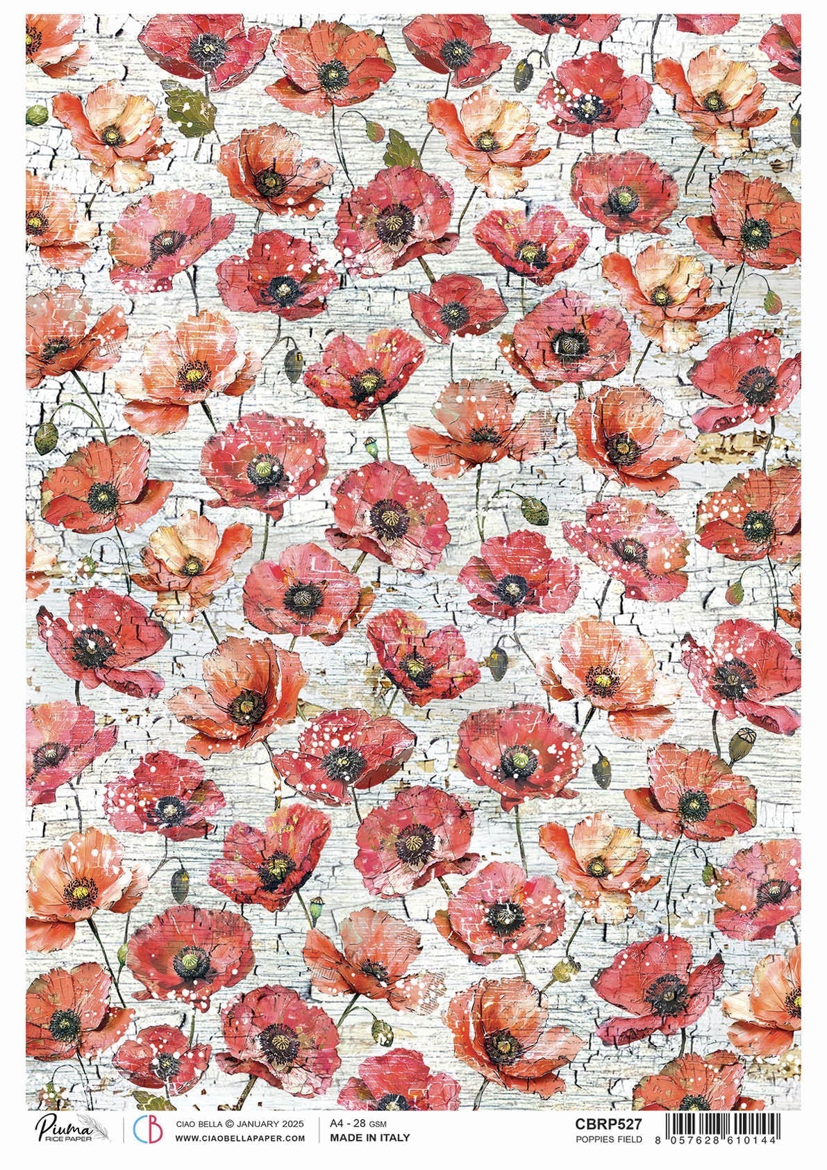 Papier de riz A4 Champ de coquelicots - 5 feuilles