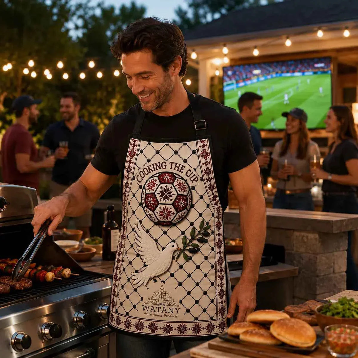 Palestinian Tatreez Apron | Cooking the Cup Heritage Kitchen Apron with Kufiya & Football Design