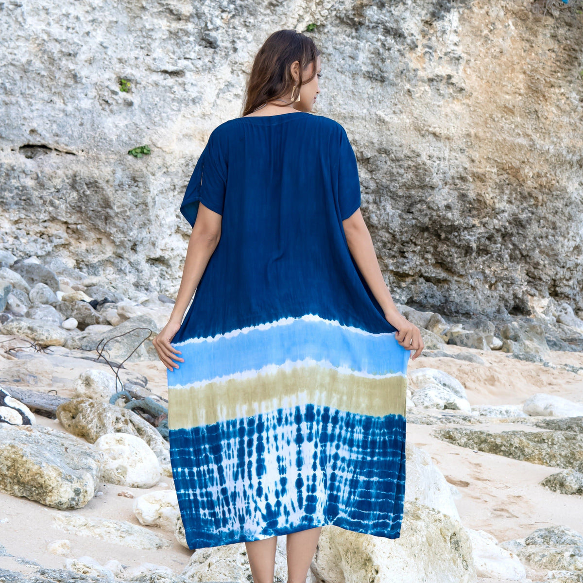 Kaftan de plage rayé et tie-dye bleu