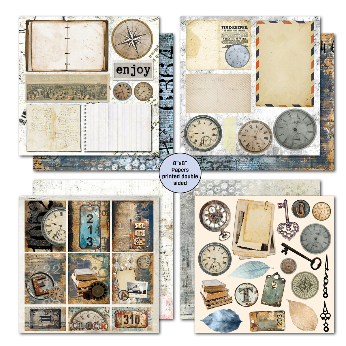 Pack de papiers 20x20 cm 3Quarter Designs Eclectic Clocks