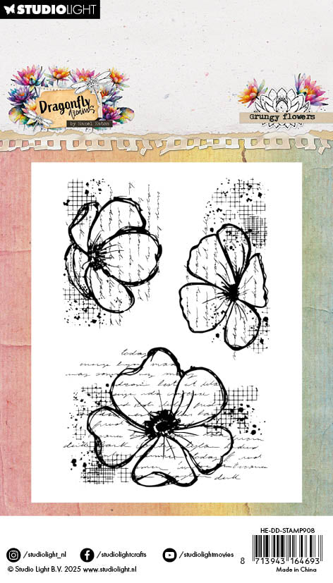HE Tampon Transparent Fleurs Grungy Rêves de Libellule 62x93x3mm 3 Pièces