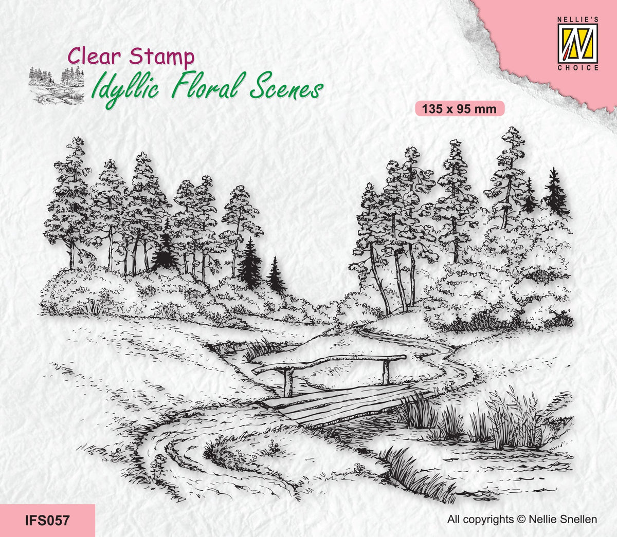 Nellie's Choice Tampon Transparent Scène Florale Idyllique - Ruisseau Avec Pont