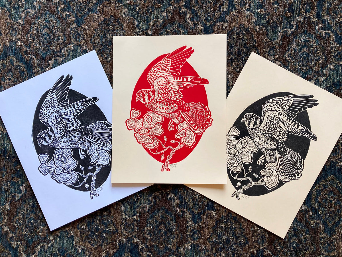 'Kestrel' lino print