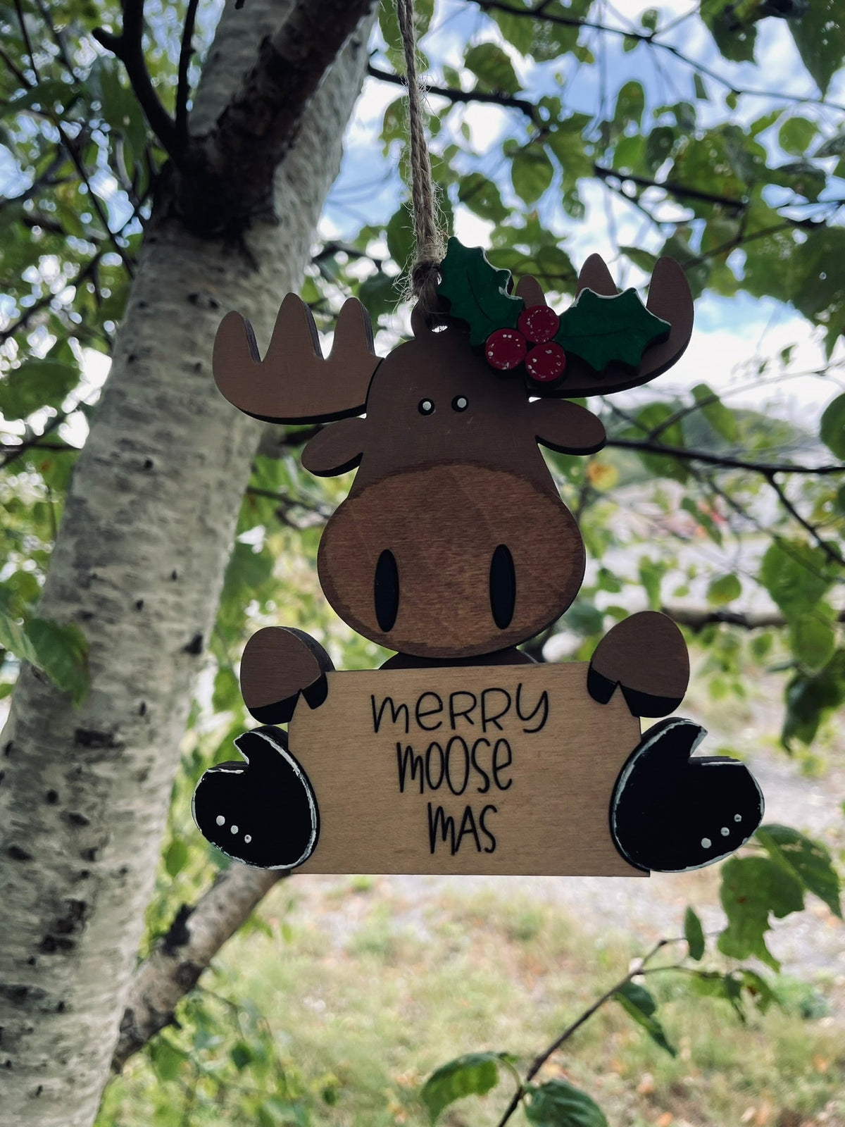 Hand-Painted “Merry Moose-Mas” Wooden Ornament , Handmade Plywood Christmas Decoration