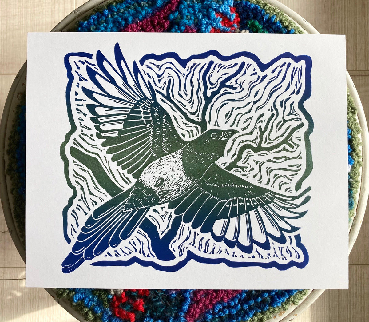 'Magpie' lino print