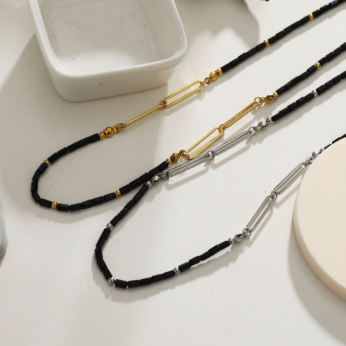 LORENA Black & Gold Beaded Paperclip Chain Necklace
