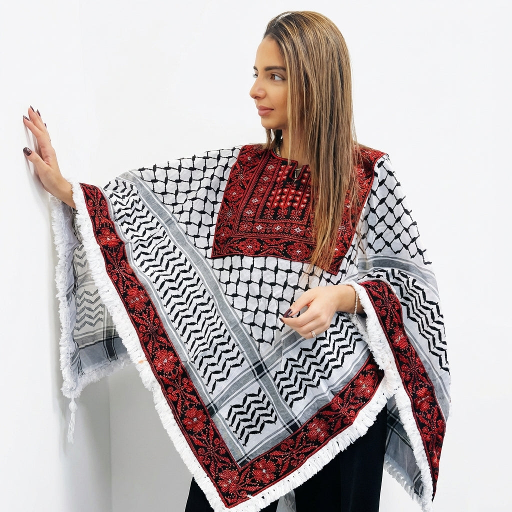 Poncho de Palestine | Kufiya (Keffiyeh) Classique - Tatreez – Fabriqué en Jordanie