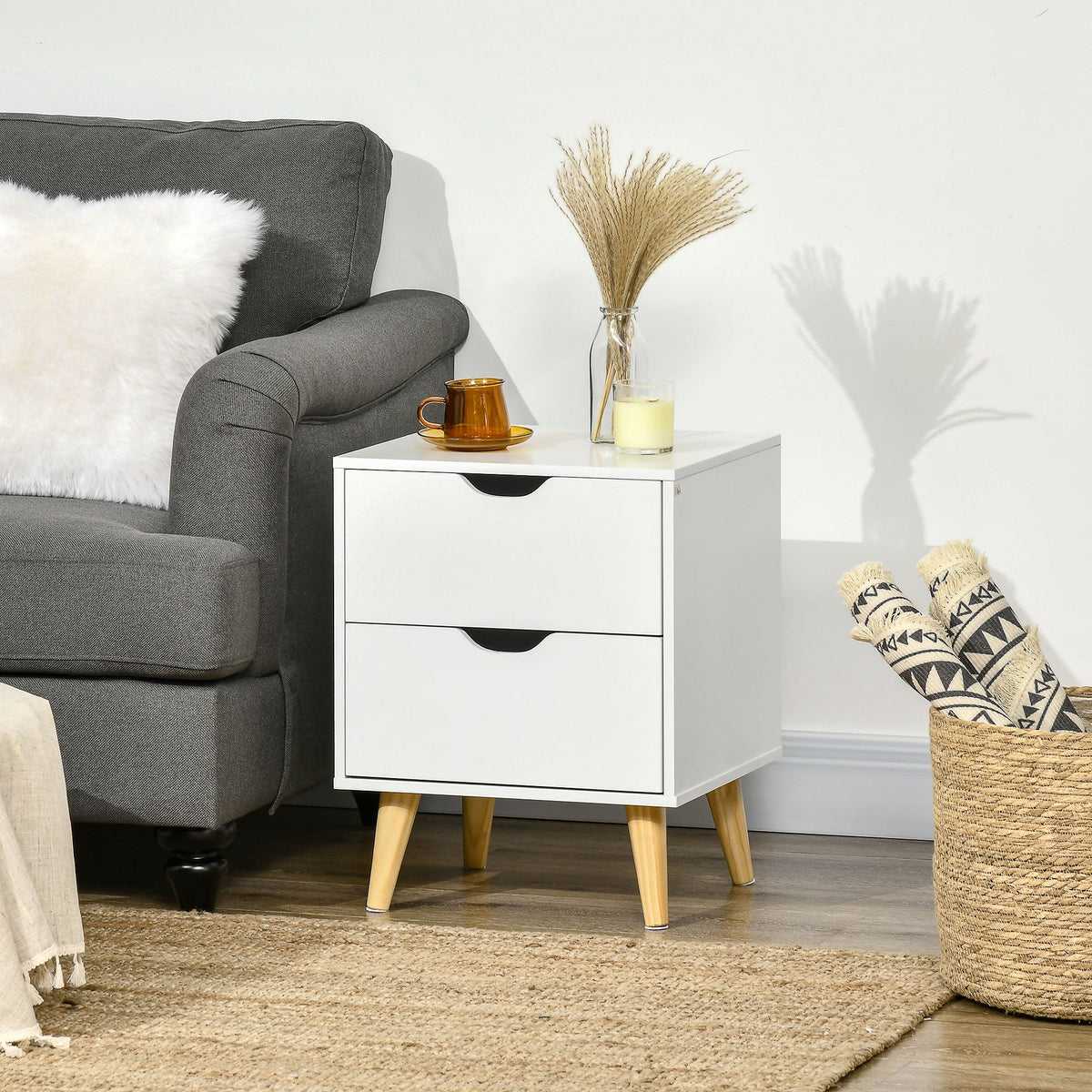 Table de chevet Jesse avec 2 tiroirs et pieds en pin-Blanc