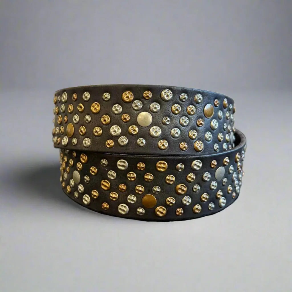 Ceinture en Cuir Pleine Fleur avec Clous et Boucle Ovale pour Femme