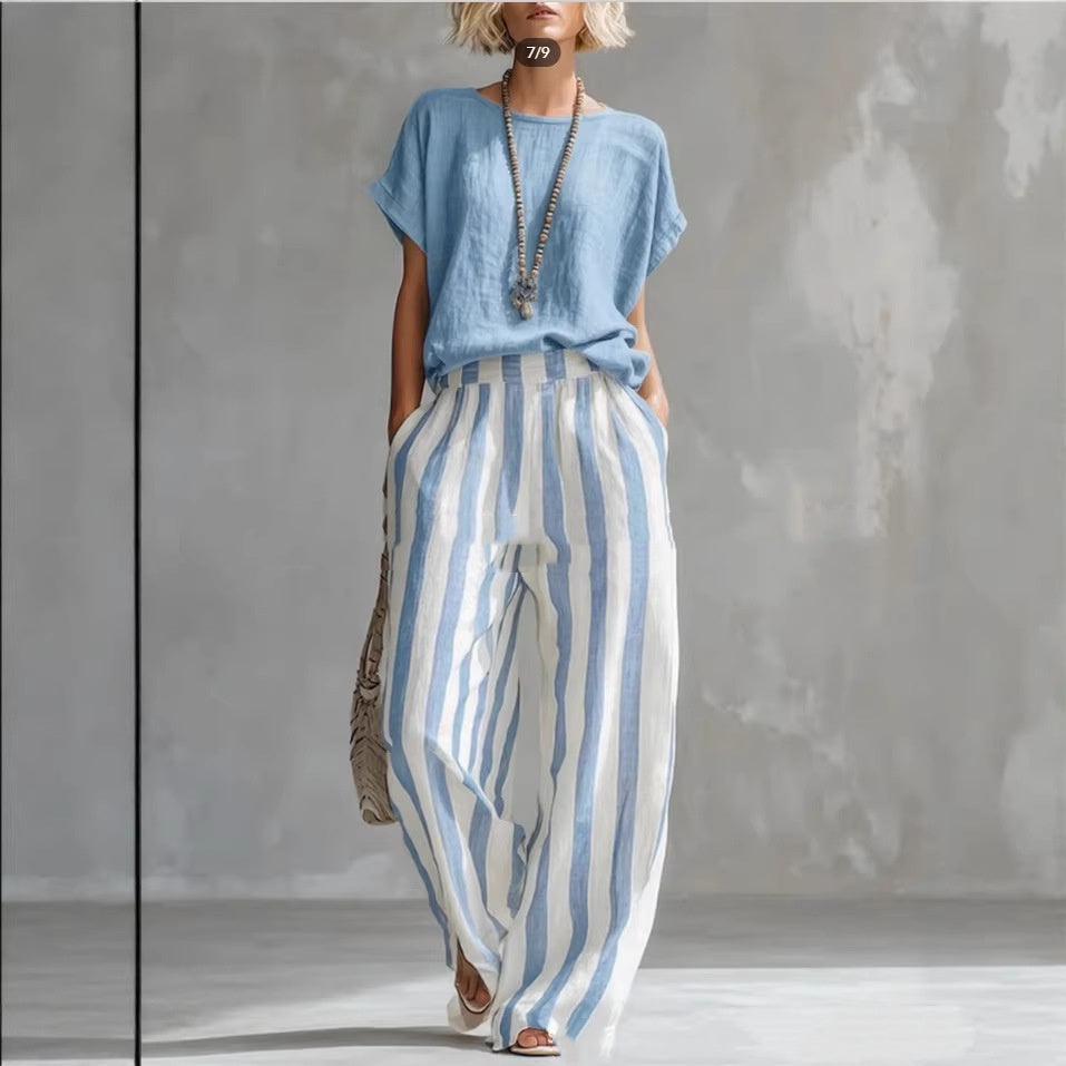 Women's Summer Two Piece Set – Short Sleeve Top with Striped Straight Leg Pants