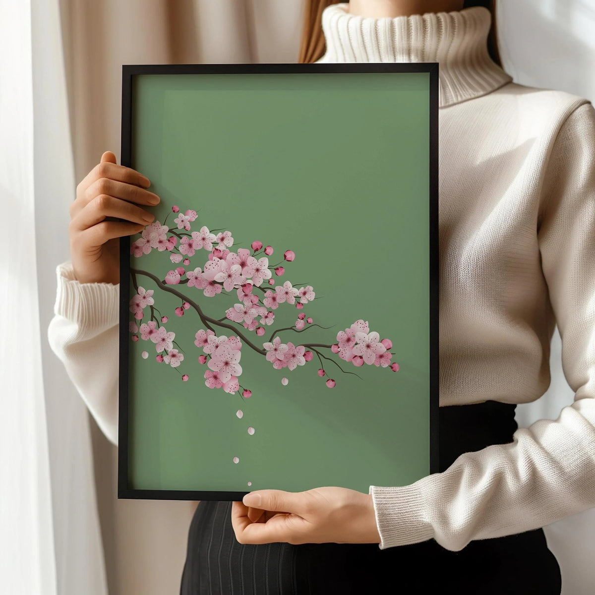 Fleurs de cerisier sur fond vert émeraude (disponible encadré prêt à être accroché ou non encadré)