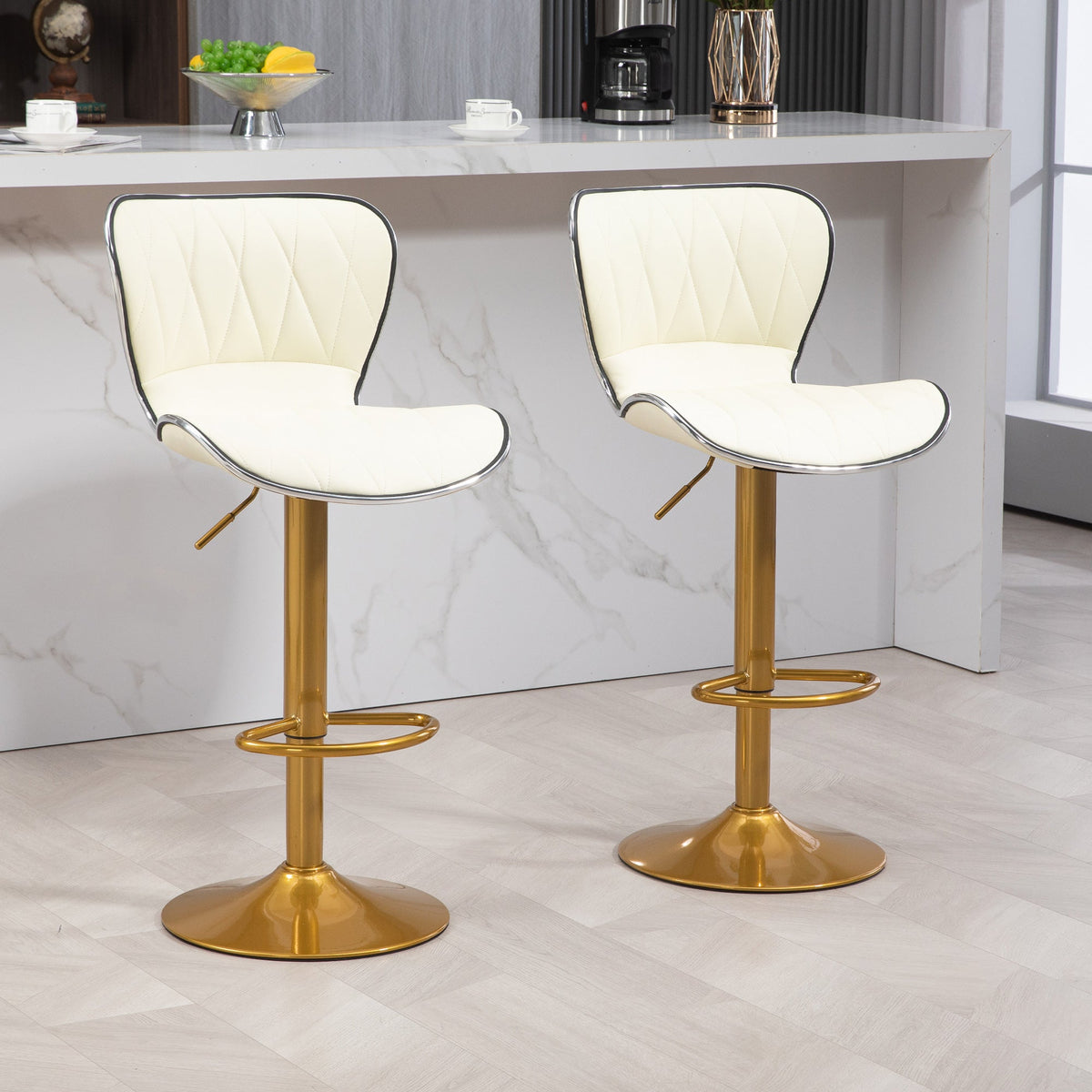 Lot de 2 tabourets de bar Maxi hauteur comptoir - Hauteur réglable et siège pivotant - Blanc/Or