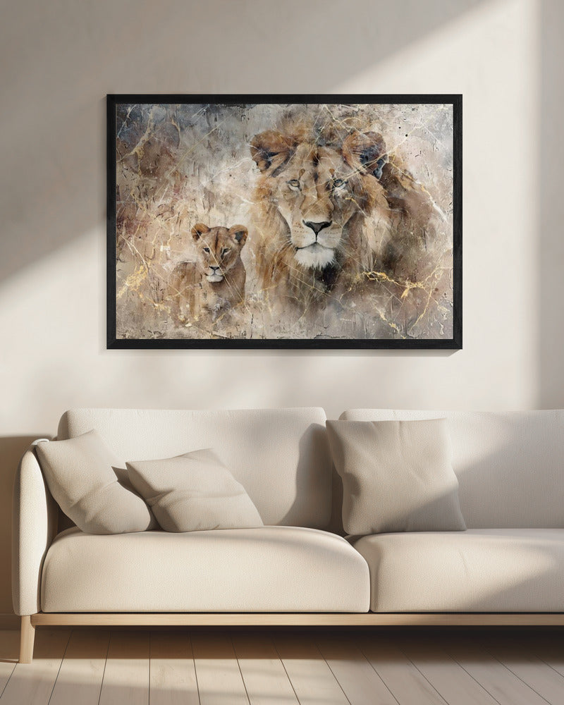 Lion and Cub in Soft Neutral Texture Canvas Wall Art | Lion Animal Vintage Art Illustration Wallart 08