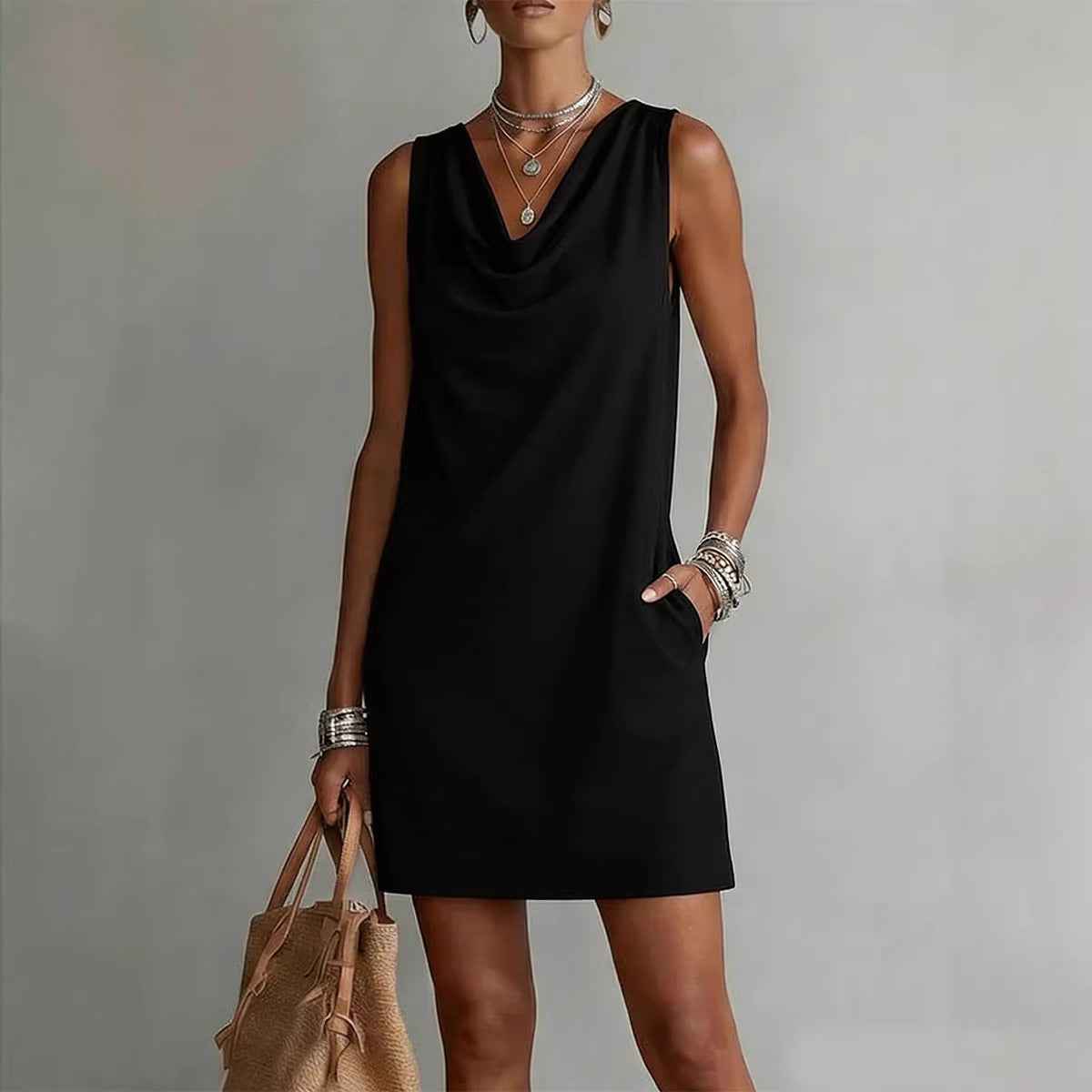 Women's Elegant Summer Dress – Draped Cowl Neck Slim Fit Midi Dress