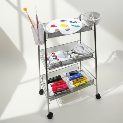 Artist Studio On Wheels with 3 Shelves, 26 Brush Holder Slots, 4" Diam. Brush Washer and Oil Or Medium Jar With Cover