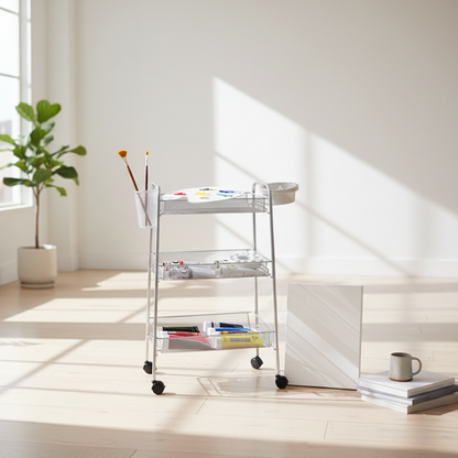 Artist Studio On Wheels with 3 Shelves, 26 Brush Holder Slots, 4" Diam. Brush Washer and Oil Or Medium Jar With Cover
