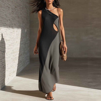 Women's One-Shoulder Color Block Midi Dress – Sleeveless Patchwork Casual Fashion Dress