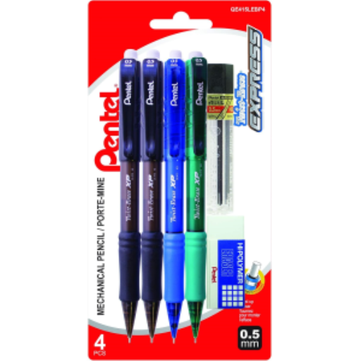 Porte-mines Twist-Erase Express (0,5 mm) couleurs assorties, paquet de 4 avec mines de rechange et gomme