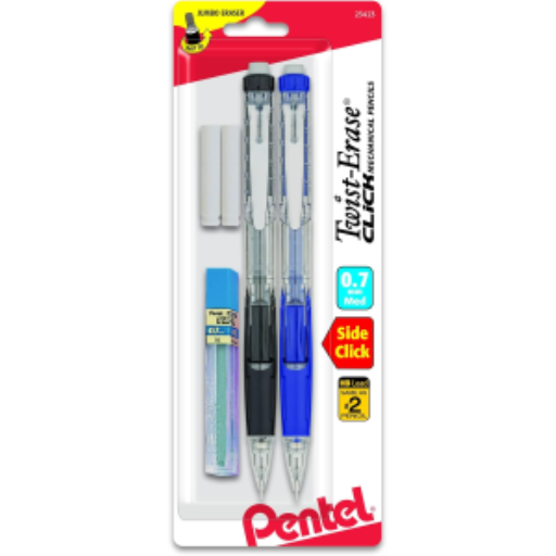 Twist-Erase Click Mechanical Pencil, (0.7mm) Clear Barrel, Assorted Grip Colours
with Leads and Erasers, 2PC Pack