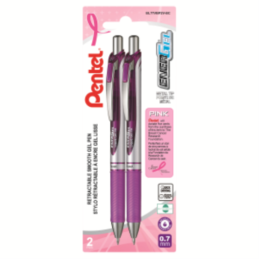 Stylo roller à encre gel rétractable EnerGel, pointe métal (0,7 mm), paquet de 2, corps ruban rose, encre violette