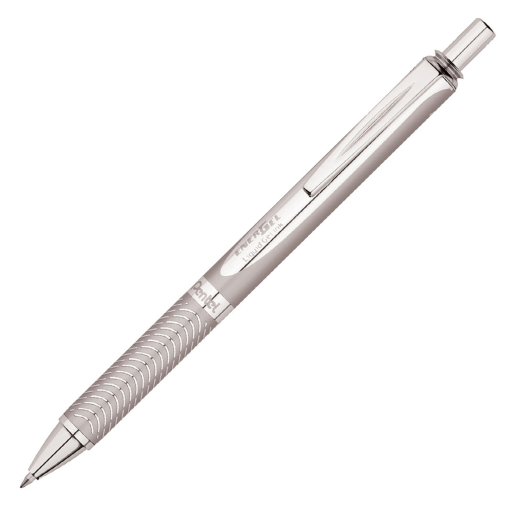 Stylo-gel liquide rétractable EnerGel Alloy, pointe métallique (0,7 mm), corps argenté, encre noire