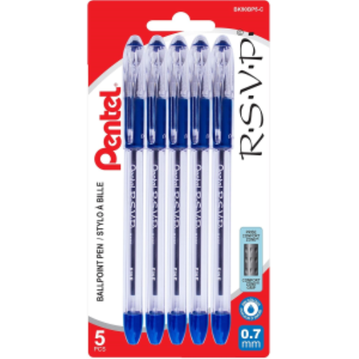 R.S.V.P. Ballpoint Pen, (0.7mm), Blue Ink, 5PC Pack