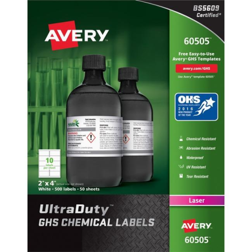 Étiquettes industrielles ultra-robustes pour imprimante laser Avery, 50,8 x 101,6 mm, permanentes, blanches, 50 feuilles/boîte, 500 étiquettes/boîte