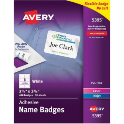 5395 ÉTIQUETTES POUR BADGES NOMINATIFS, 3 3/8" X 2 1/3" BLANCHES, 50 FEUILLES/BOÎTE