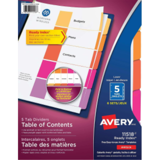 JEU DE 6 SEPARATEURS, 5 ONGLES, POUR CLASSEUR,