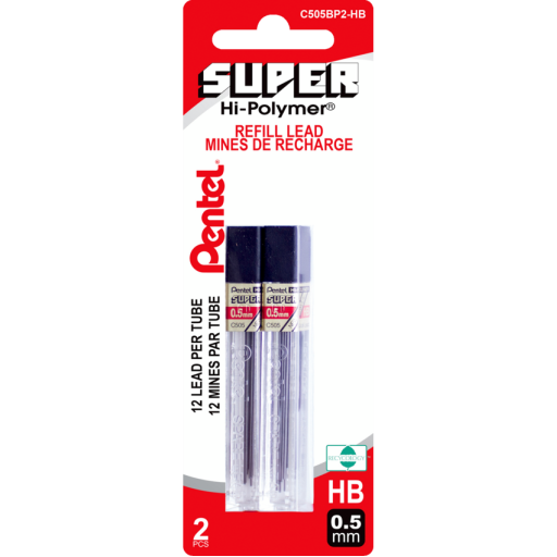 Recharges de super mines polymère (0,5 mm), HB, 12 mines par tube, paquet de 2