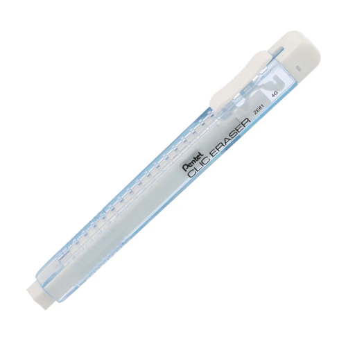 Gomme rétractable rectangulaire Pentel CLIC ERASER, corps transparent bleu