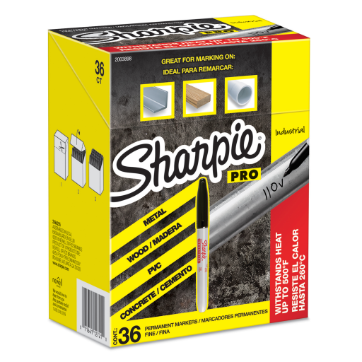 Sharpie PRO Industrial Permanent Markers, Fine Tip, Black, 36 Count