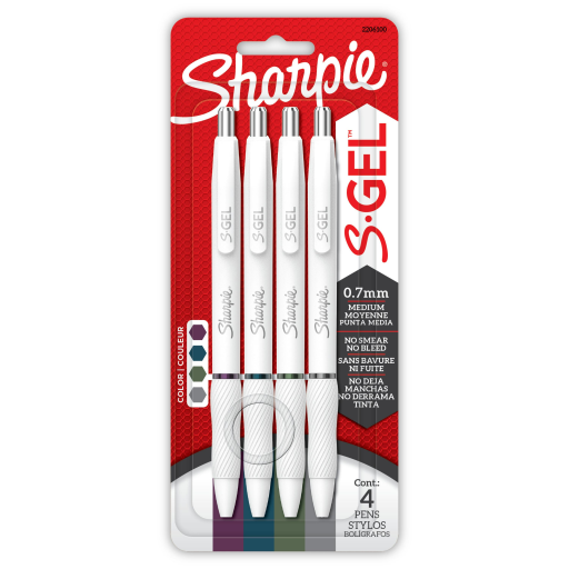 Stylos gel Sharpie S-Gel, Stylos gel corps nacré, Pointe moyenne (0,7 mm), Assortiment de couleurs riches et foncées, Paquet de 4