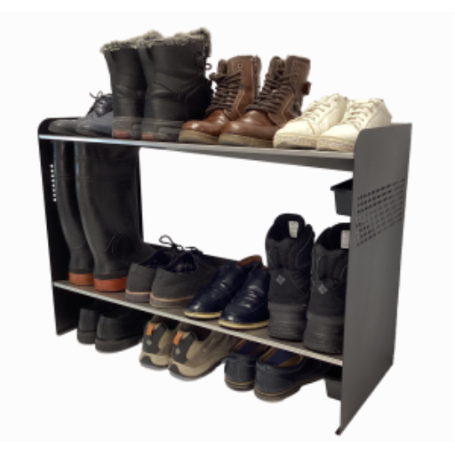 (CUSMA form attached) Rakabot Signature 2 tier chic and classy water and mud collecting shoe and boot rack that stores 7 pairs.  Stainless steel shelves. Powder coated mate black side panels. For a perfect entrance all year long. Made In Canada Invention.