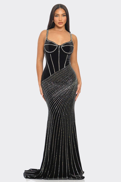 ROBE LONGUE EN VELOURS À IMPRIMÉ BUSTIER ET STRASS