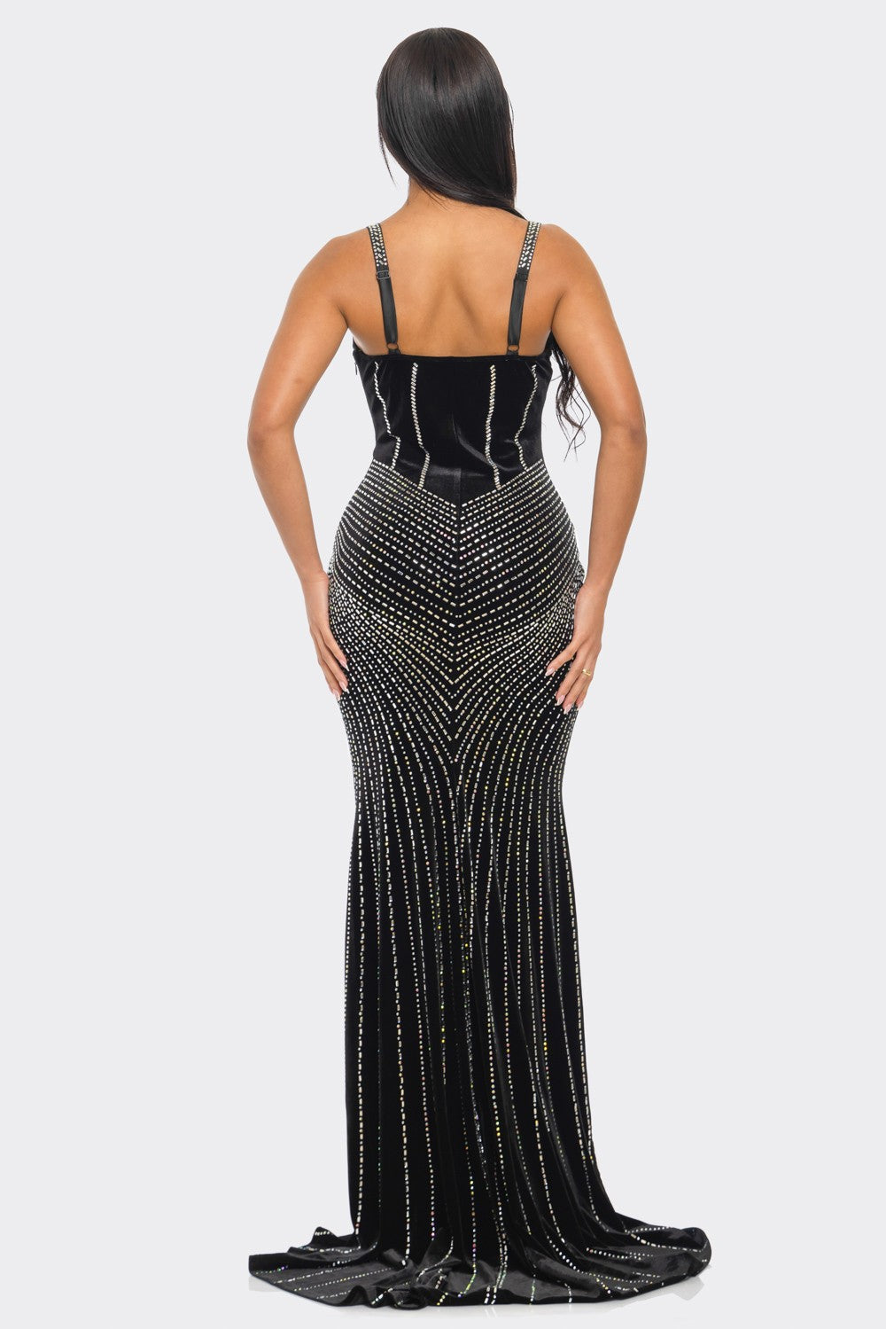 ROBE LONGUE EN VELOURS À IMPRIMÉ BUSTIER ET STRASS