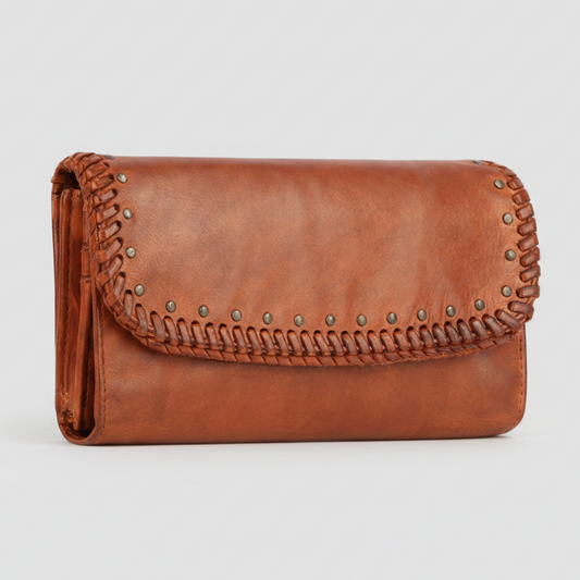 MET Women’s Leather Wallet. Tri-Fold Clutch Organizer with Studded and Whipstitch Detail