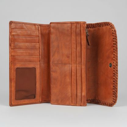 MET Women’s Leather Wallet. Tri-Fold Clutch Organizer with Studded and Whipstitch Detail