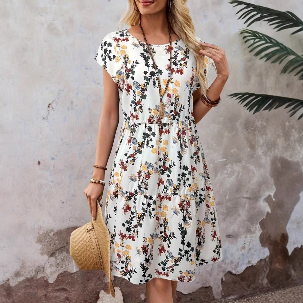 Women's Floral Print Casual Short-Sleeve Crew-Neck Dress – Japanese/Korean Casual Style