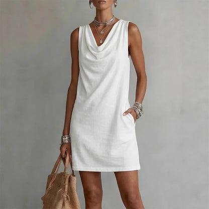 Women's Elegant Summer Dress – Draped Cowl Neck Slim Fit Midi Dress