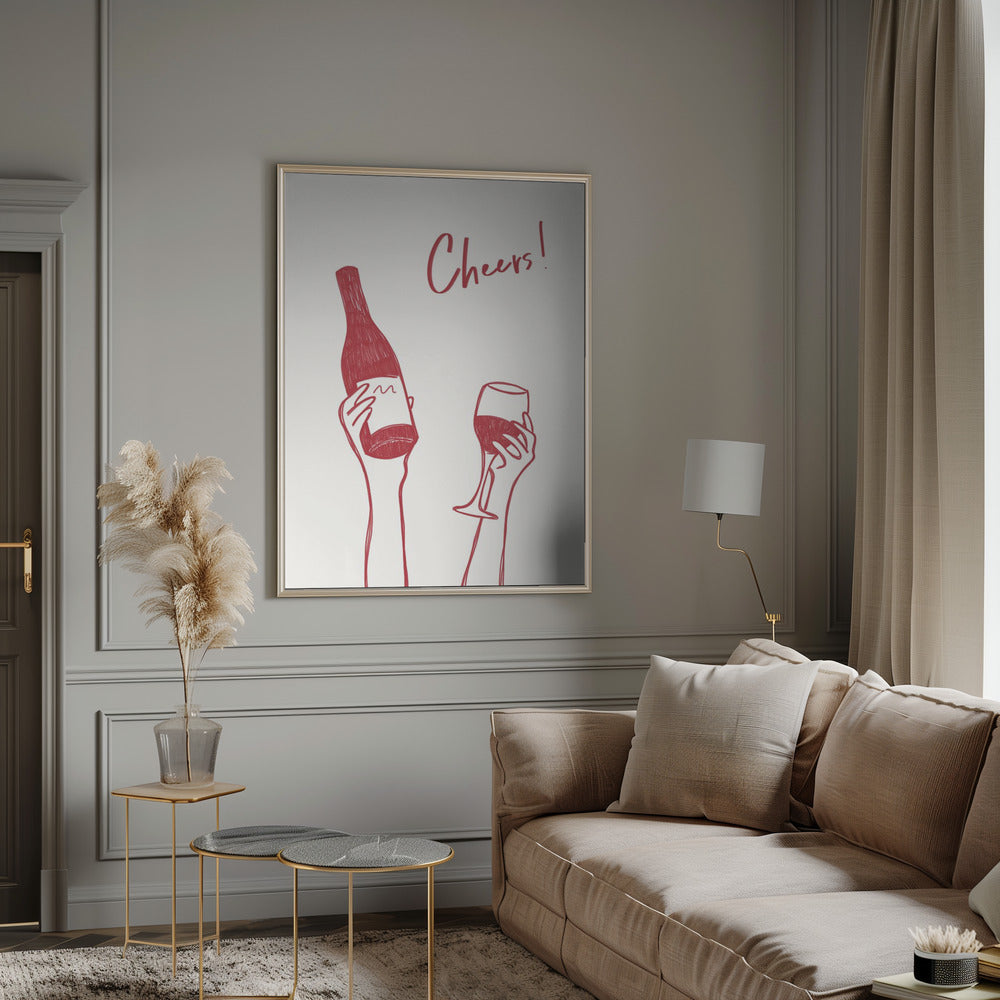 Art mural Illustration et texte "Cheers" avec du vin (noir et blanc)