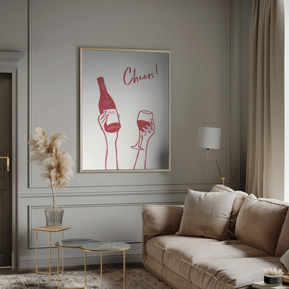 Art mural Illustration et texte "Cheers" avec du vin (noir et blanc)