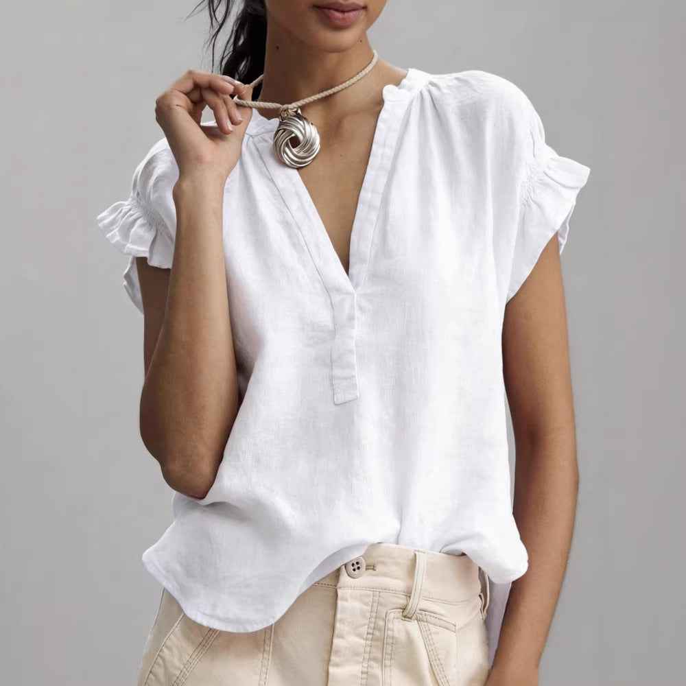 Women's Casual V-Neck Cotton-Linen Blouse Top Summer Ruffle Short-Sleeve Solid Color Office Daily Wear Shirts