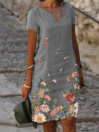 Women's Floral Print V-Neck A-Line Midi Dress – Short-Sleeve Casual Summer Dress